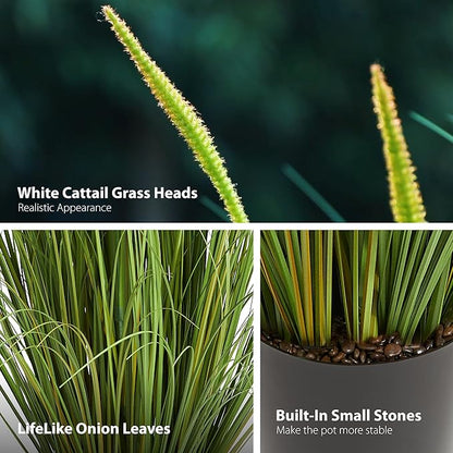KOL 3ft Artificial Cattail Grass, 35in Artificial Indoor Outdoor Fake Onion Grass Reed Floor Plant, Home Office Wedding Decor Potted Plant, Housewarming Gift, Green