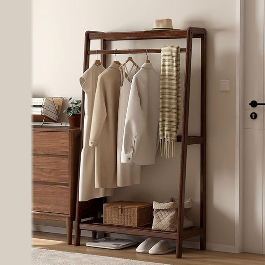 Solid Wood Clothes Rack, Clothing Rack with 2 Shelves Storage, Floor-Standing Coat Rack for Bedroom, Living Room, Entryway,Walnut
