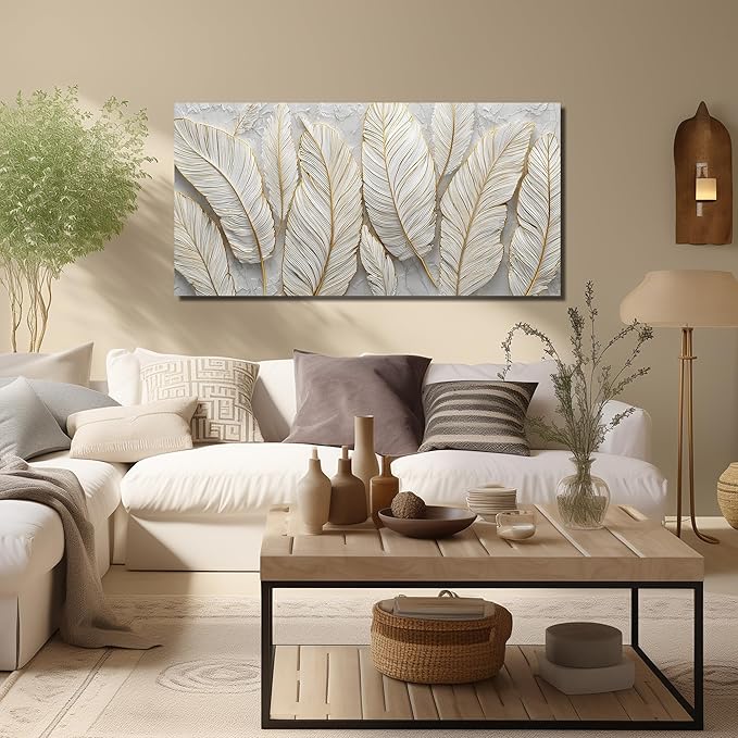 JuhaiArt Feather Canvas Art for Living Room Bedroom Home Office White Wall Picture 24" x 48" Gold Wall Decor Art Artwork Poster