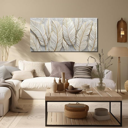 JuhaiArt Feather Canvas Art for Living Room Bedroom Home Office White Wall Picture 24" x 48" Gold Wall Decor Art Artwork Poster