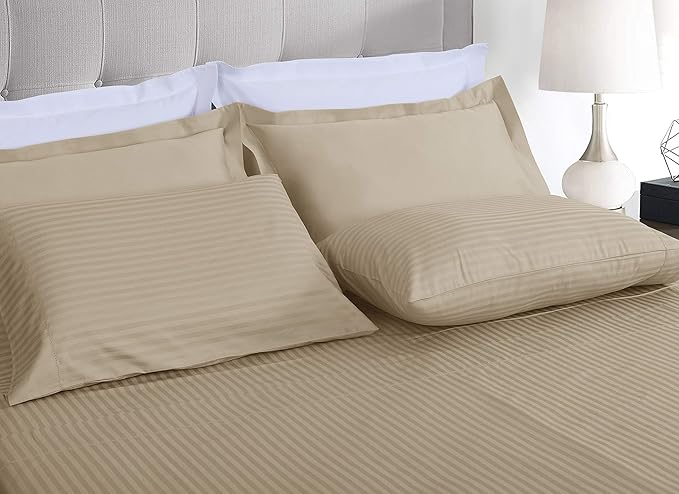 Threadmill 100% Cotton Sheets for Full Size Bed - 600 Thread Count Full Bed Sheets Set with 16” Deep Pocket - Damask Stripe Sateen Weave 4-Piece Bedding Set with Cooling Effect, Beige