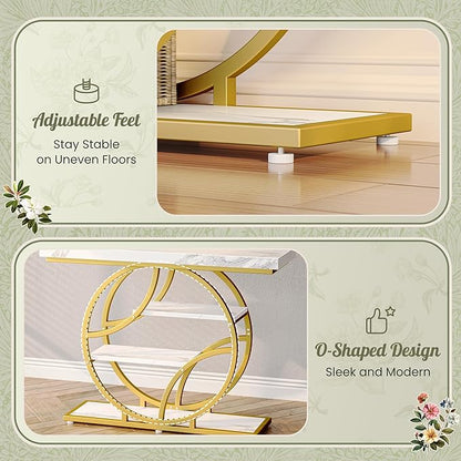 Huuger 41.3 Inch Entryway Table with Marble Top, Modern Console Sofa Table, Accent Table with Shelves, for Entry, Hallway, Entrance, Foyer, O-Shaped Metal Frame, White Marble & Gold