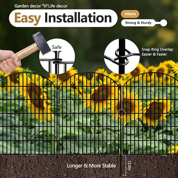 10 Panels No Dig Decorative Outdoor Garden Fence for Yard, 33in (H) x 22.31ft (L) Animal Barrier Fencing Rustproof Metal Panel Border for Dog, Rabbits Patio Camping Temporary Ground Stakes