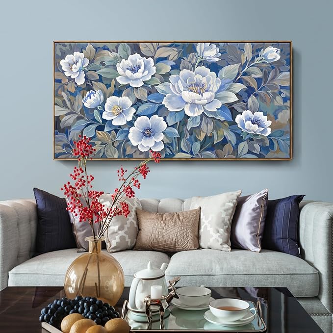 ARTZON Framed Extra Large Canvas Wall Art Blue Floral Peony Blossom Picture Botanical Flower Prints Oversized Horizontal Art work for Wall Decor Home Above Bed Dining Room Living Room Hallway 58"x29"