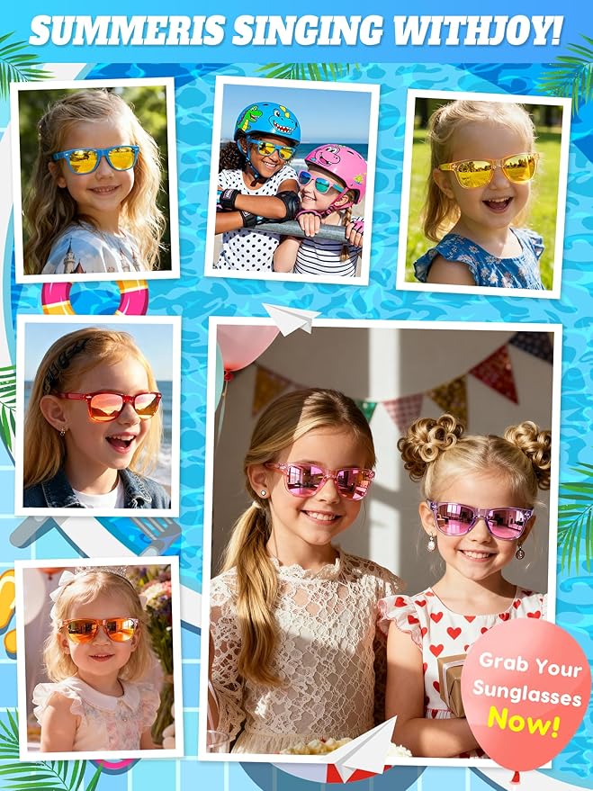 Sumsun Kids Sunglasses Bulk Party Favors 24 Packs Boys Girls Age 3-8 with UV400 Protection for Birthday Graduation Party