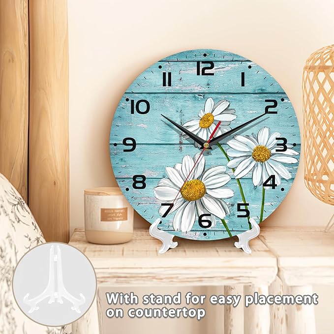 Daisy Flowers Wall Clock Vintage Wooden Wall Clock Silent Non-Ticking Battery Operated Arabic Numerals Wall Clocks Decorative for Kitchen, Office, Classroom 10 Inch