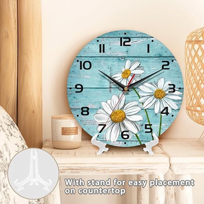 Daisy Flowers Wall Clock Vintage Wooden Wall Clock Silent Non-Ticking Battery Operated Arabic Numerals Wall Clocks Decorative for Kitchen, Office, Classroom 10 Inch