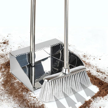 Metal Dustpan with Soft Bristles Broom Heavy Duty Stainless Steel Upright Standing Dust Pan and Broom for Sweeping Indoor Outdoor Home Kitchen Office Lobby Hardwood Floor Cleaning