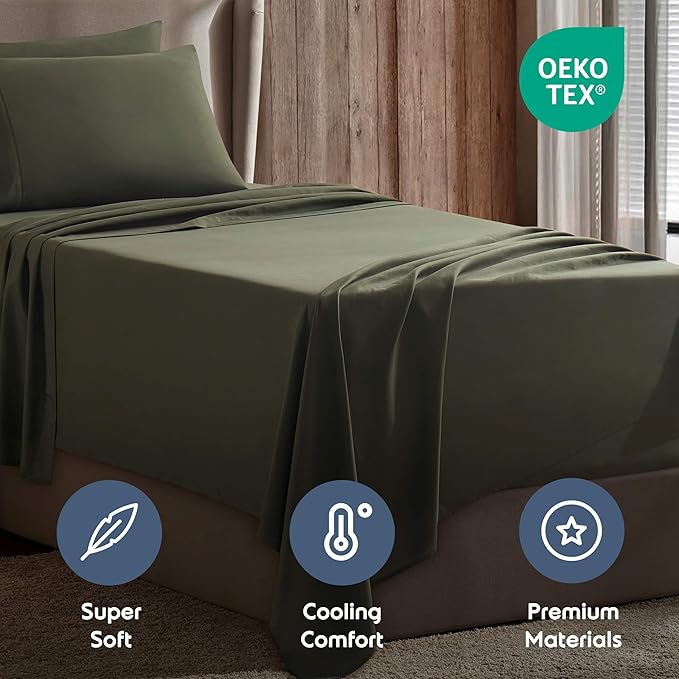 Nestl Twin Sheet Set - 1800 Ultra-Soft Microfiber Twin Bed Sheets - Double Brushed - Deep Pockets - Easy Fit - Extra Soft - 3 Piece Set - Bedding Sheets & Pillowcases (Twin, Olive Green)
