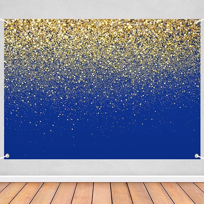 Blue and Gold Glitter Backdrop 7x5ft Elegant Photo Booth Background for Birthday, Wedding, Graduation, Anniversary & New Year Party Decorations, Luxury Event Banner