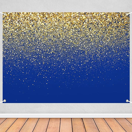 Blue and Gold Glitter Backdrop 7x5ft Elegant Photo Booth Background for Birthday, Wedding, Graduation, Anniversary & New Year Party Decorations, Luxury Event Banner
