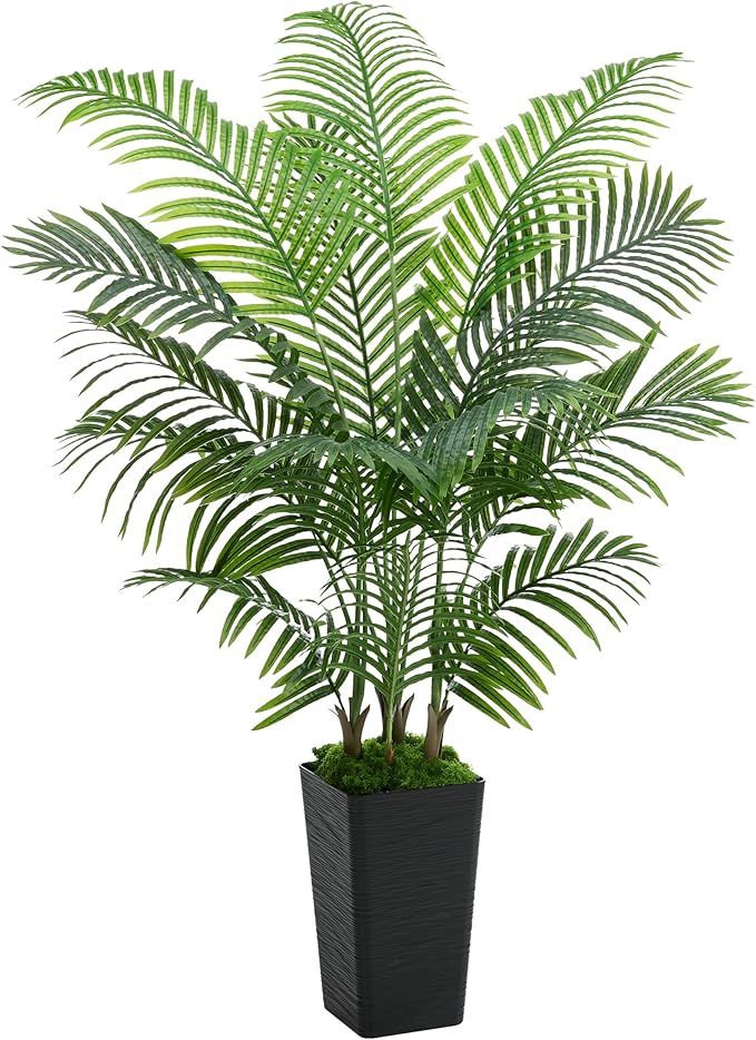 Artificial Palm Tree Artificial Silk Plant Fake Tree with White Tall Planter Faux Tropical Areca Floor Plant in Pot (1, Black Tall Planter, 5 FT)
