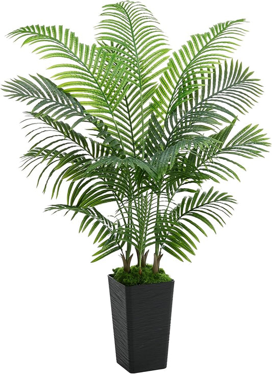 Artificial Palm Tree Artificial Silk Plant Fake Tree with White Tall Planter Faux Tropical Areca Floor Plant in Pot (1, Black Tall Planter, 5 FT)
