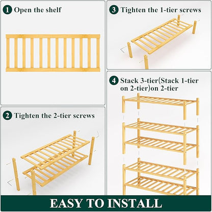 Smiry Shoe Rack, 5 Tier Thick Bamboo Shoe Organizer, Stackable Free Standing Wooden Shoe Storage Shelf for Closet, Entryway, Front Door Entrance, Natural