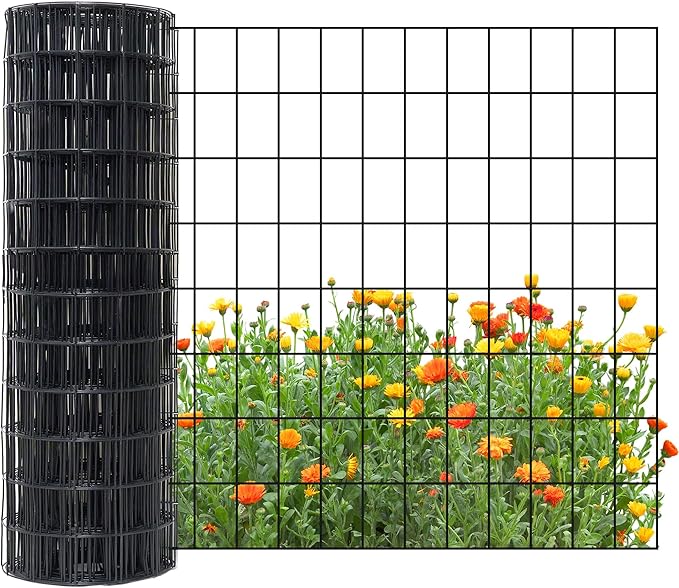 Black Metal Garden Fence, 60inch(H) x 100ft(L), 2 inch x 4 inch,12.5GA 2/3/4/5/6 Ft Tall Chicken Wire PVC Coated Welded Wire Mesh Roll for Dogs Border Yard Vegetable Plant Protection Poultry Netting
