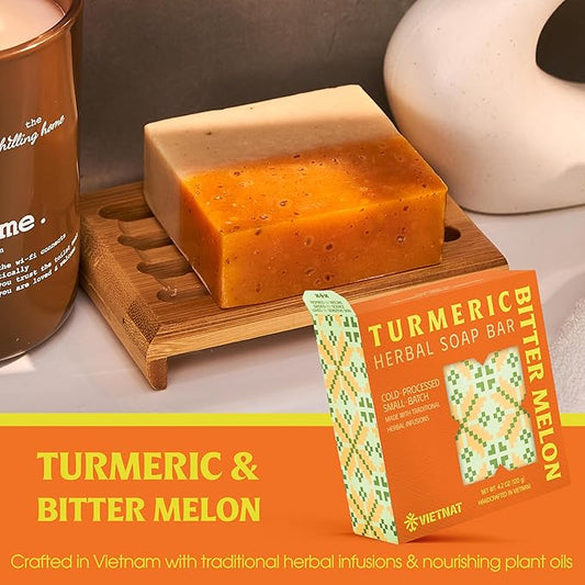 Turmeric & Bitter Melon 2-in-1 Luxurious Natural Soap Bar (Pack of 5) | Refreshing Cleanse for Sweat, Oil & Buildup | Cooling Lemongrass Peppermint | Cold Process | Handmade in Vietnam