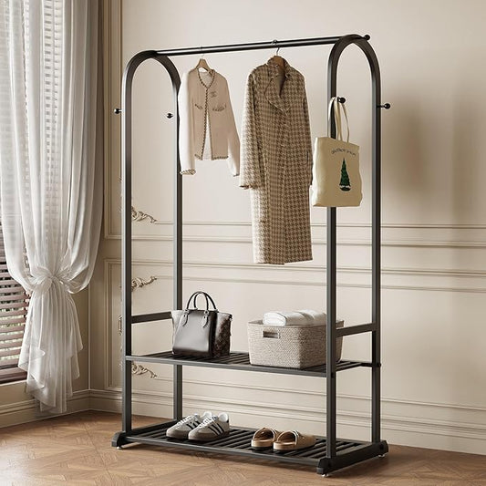 Black Clothing Rack,Heavy duty clothes rack with 2-tier Bottom Shelves, Garment Rack with 6 Side Hooks for Hanging Clothes, Coats, Shirts (black, 39.37in)