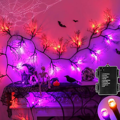 9 FT 66 LED Halloween Black Garland Willow Vine Twig Decor with Orange & Purple Light, 8 Modes & Timer Battery Operated Waterproof Halloween Decorations Indoor for Mantle Fireplace Home Party Decor