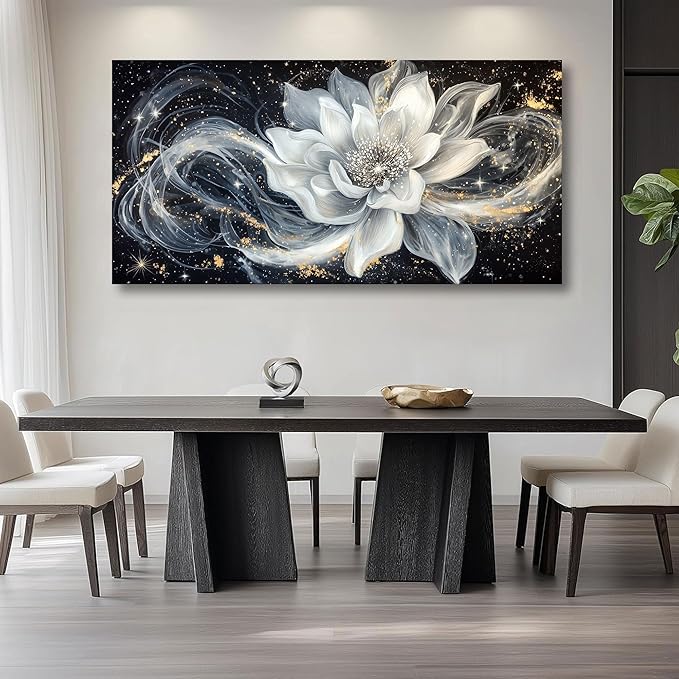 QZQCBLC Large Wall Art, Black and White Lotus Wall Art Modern Abstract Flower Pictures Gold Silver Canvas Painting Artwork for Living room Bedroom kitchen Home Office Decor 29x58 IN