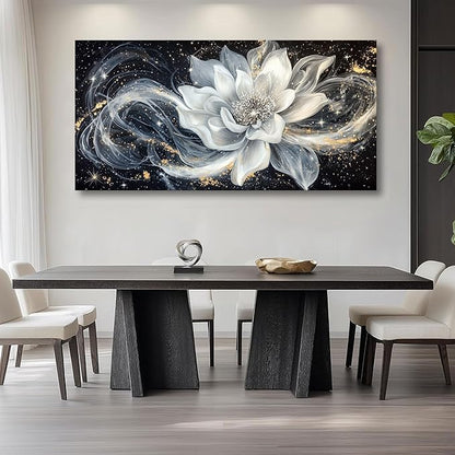 QZQCBLC Large Wall Art, Black and White Lotus Wall Art Modern Abstract Flower Pictures Gold Silver Canvas Painting Artwork for Living room Bedroom kitchen Home Office Decor 29x58 IN