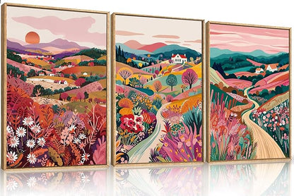 HLNIUC Boho Colorful Wall Art, Floral Mountain Framed Decor(24"x36"), Abstract Wildflower Nature 3 Piece Canvas Painting, Botanical Sunset Forest Art Print for Living Room, Bedroom, Office