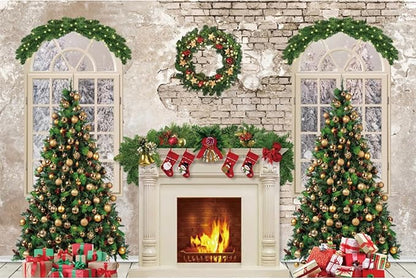 YongFoto Christmas Fireplace Backdrop 10x8ft Room Christmas Trees Red Socks Vintage Wall Photography Background New Year Xmas Eve Family Winter Holiday Party Banner Photoshoot Wallpaper Photo Booth