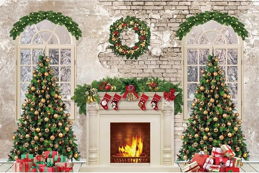 YongFoto Christmas Fireplace Backdrop 9x6ft Room Christmas Trees Red Socks Vintage Wall Photography Background New Year Xmas Eve Family Winter Holiday Party Banner Photoshoot Wallpaper Photo Booth