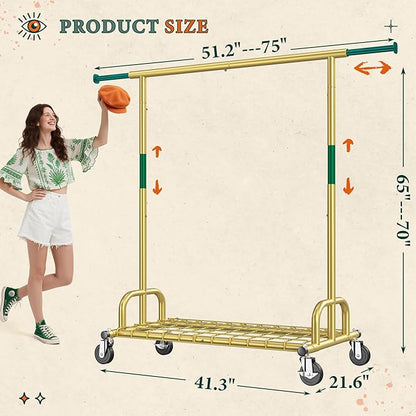 Raybee Heavy Duty Clothes Rack, Gold Clothing Racks for Hanging Heavy Clothes 200+, Rolling Clothing Rack Load 485 LBS, Extendable & Adjustable Portable Commercial Garment Rack with Wheels, Gold
