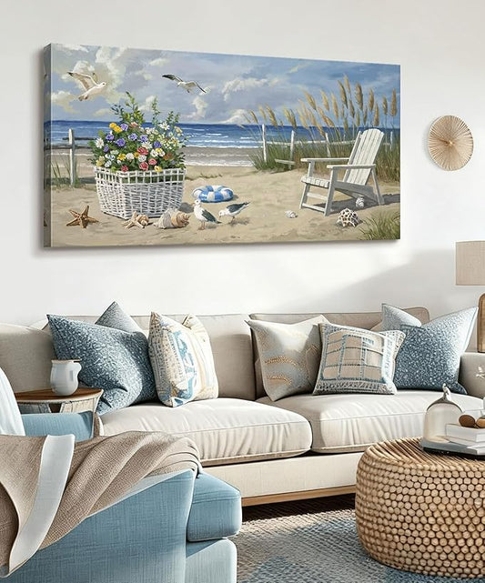 ARTZON Beach Pictures Wall Art – Blue Seascape Extra Large Ocean Scenery Print Floral Decorations Artwork Relaxing Seagulls Canvas Wall-decor for Restroom, Bedroom, Office, 58x29 Inch