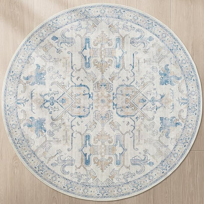 jinchan Round Rug 4ft Area Rug Indoor Vintage Floral Circle 4' Washable Ultra-Thin Low Pile Soft Small Non Slip Distressed Print for Living Room Dining Room Bedroom Entryway Blue