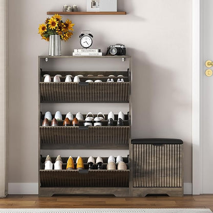 Shoe Cabinet Storage for Entryway with 4 Flip Drawers, Grey Fluted Shoe Cabinet with Bench, Wooden Hidden Shoe Rack Freestanding Narrow Slim Shoes Storage Organizer for Hallway, Entrance