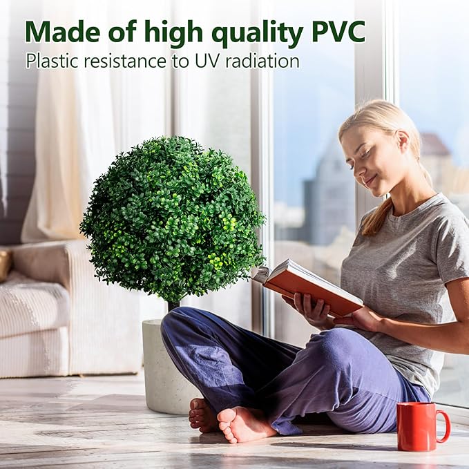 27.6''H Artificial Boxwood Ball Tree 2 Pack, UV Resistance Rated with Spike, Easy to Install, Fake Outdoor Plant for Front Door Decor, Home Decor, Garden, Wedding Decor
