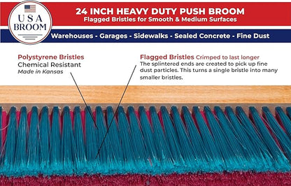 24" Everyday Sweep Indoor/Outdoor Push Broom with 60" Handle. Ideal for Garages & Shops. Durable American Made Steel Brackets-All Stainless Steel Hardware. No Plastic. 100% Made in The USA.