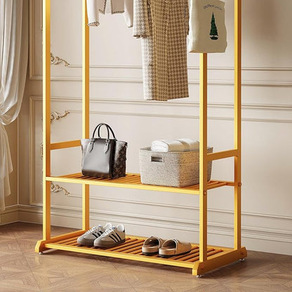 Gold Clothing Rack,Heavy duty clothes rack with 2-tier Bottom Shelves, Garment Rack with 6 Side Hooks for Hanging Clothes, Coats, Shirts (gold, 31.5in)
