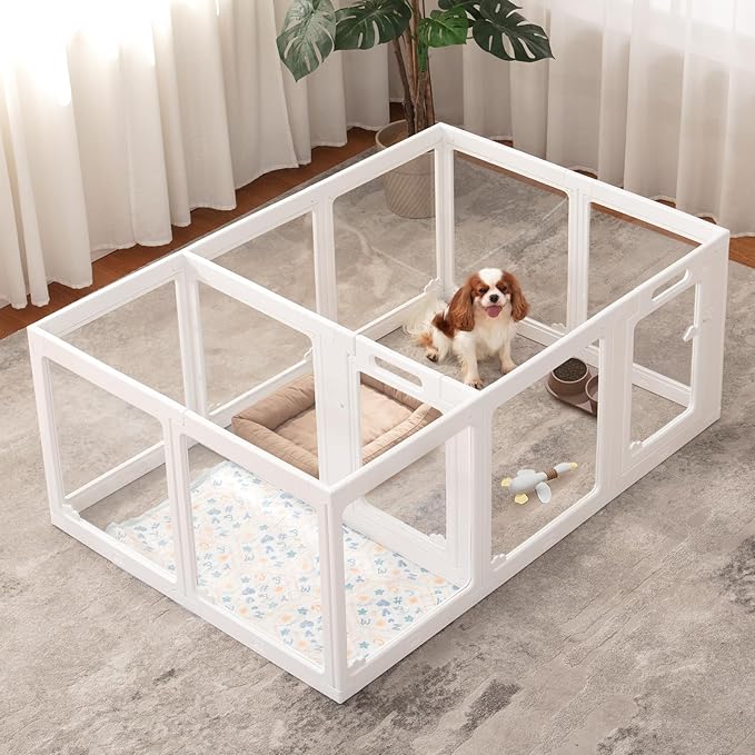 Acrylic Dog Playpen Indoor, Clear Dog Play Pen for Puppies and Small Dogs, Easy Assembly & Clean Puppy Pen (23.6", 12 Panels, White)