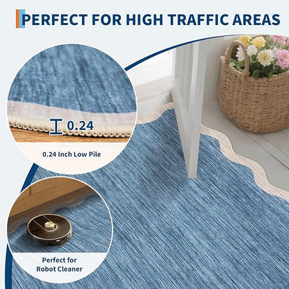 GarveeHome Scalloped Washable Area Rug 8 x 10 Rug for Living Room Modern Blue Rug Non Slip Throw Rugs Distressed Large Bedroom Area Rug Stain Resistant Carpet for Dining Room Nursery 8 ft x10 ft Blue