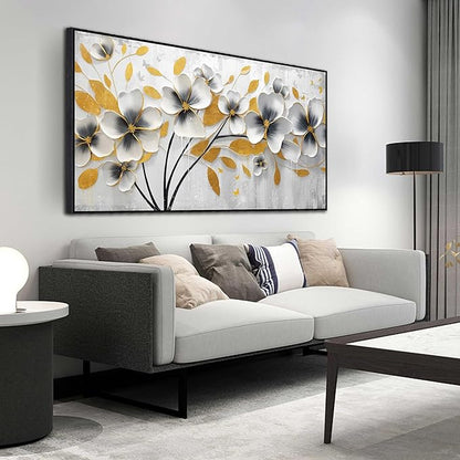 Large White and Yellow Flower Canvas Wall Art With Black Wood Frames for Living Room Bedroom Home Office Modern Grey Canvas Prints Framed Wall Art Size 30x60