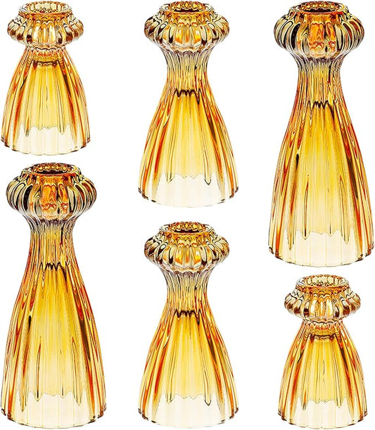 Lysenn Glass Candle Stick Holder Set of 6 – Premium Taper Candle Holders for Romantic Ambiance - Candle Sticks Holder Decor for Special Occasions - Amber