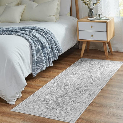 jinchan Runner Rug 2x5 - Vintage Hallway Machine Washable Rug Floral Non Slip with Rubber Backing Ultra-Thin Carpet Runner for Kitchen Bedroom Laundry Room Farmhouse Entryway (2x5ft,Grey)