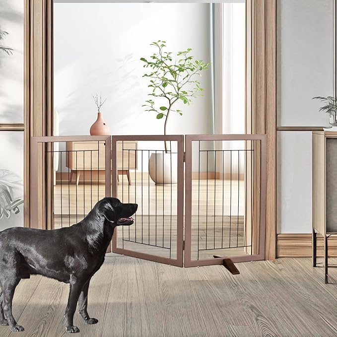 ZJSF Freestanding Dog Gate Indoor, Foldable Dog Fence for Doorways,Hallways or Stairs, Sturdy Wood Extra Wide Pet Gate with Support Feet,Brown,32 "Height-3 Panels