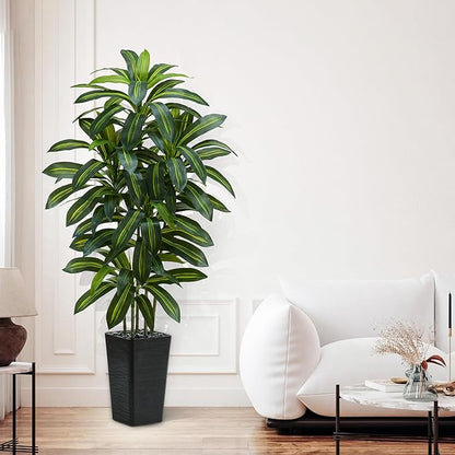 Artificial Dracaena Tree：5FT Faux Silk Tropical Yucca Floor Trees Realistic Fake Green Plant with Natural Wood Trunk & Lifelike Leaves for Home Office Decor Indoor & Outdoor (5FT,1-Pack,Black)