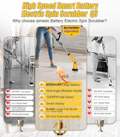 Qimedo Electric Spin Scrubber Extra Large Brush Q3,6000 mAh Best Battery Power Scrubber for Cleaning,1200RPM Shower Cordless Cleaning Brush with 8 Brushes for Bath/Tub/Tile/Floor (Smart Display)