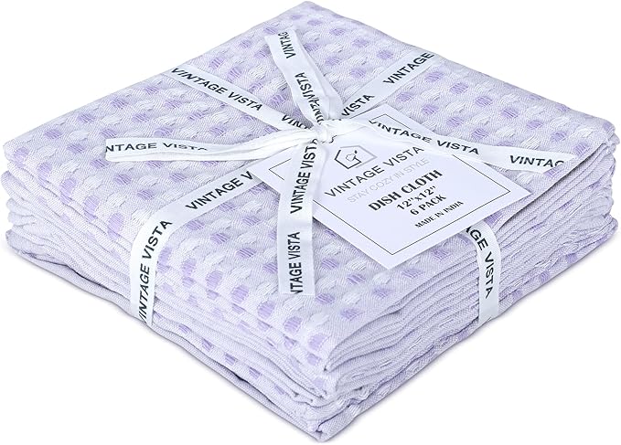 Vintage Vista 100% Cotton Dish Cloths (Pack of 6) - Dish Rags for Washing Dishes - Reusable & Highly Absorbent Kitchen Towels - Kitchen Rags for Christmas - (12" x 12" - Purple Honeycomb)