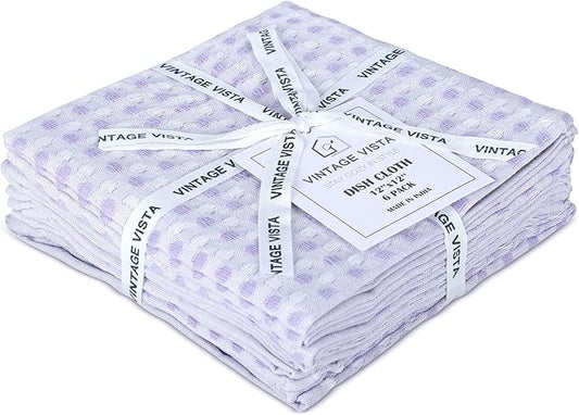 Vintage Vista 100% Cotton Dish Cloths (Pack of 6) - Dish Rags for Washing Dishes - Reusable & Highly Absorbent Kitchen Towels - Kitchen Rags for Christmas - (12" x 12" - Purple Honeycomb)