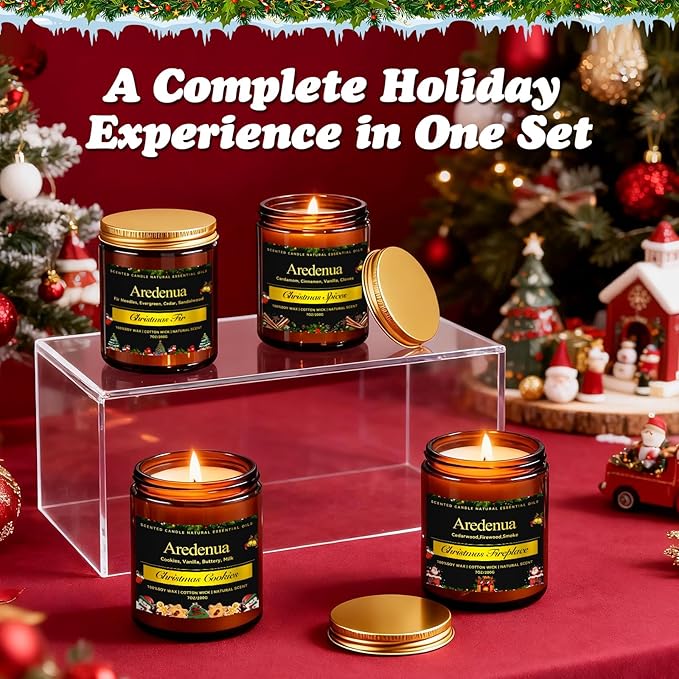 Holiday Candles Set | 4 Pack Holiday Scented Candles, Hand Poured Soy Candles for Home Scented - Non-Toxic Candle Gifts for Women and Men - Scents of Fir/Spices/Cookies/Fireplace
