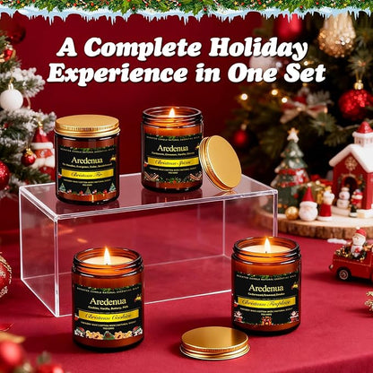 Holiday Candles Set | 4 Pack Holiday Scented Candles, Hand Poured Soy Candles for Home Scented - Non-Toxic Candle Gifts for Women and Men - Scents of Fir/Spices/Cookies/Fireplace