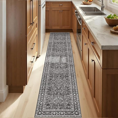 OPPODREAM Thin Vintage Black 2x10 Runner Rug, 2 x 10 Retro Washable Rug Non Slip, Low-Pile Faux Wool Carpet, Distressed Floor Mat for Kitchen, Hallway, Entry-Way, Entrance, Indoor Back Door