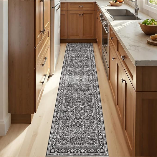 OPPODREAM Thin Vintage Black 2x10 Runner Rug, 2 x 10 Retro Washable Rug Non Slip, Low-Pile Faux Wool Carpet, Distressed Floor Mat for Kitchen, Hallway, Entry-Way, Entrance, Indoor Back Door
