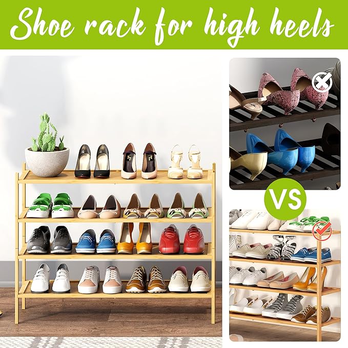 BMOSU 4-Tier Bamboo Extended Shoe Rack Premium Stackable Shoe Shelf Storage Organizer for Hallway Closet Living Room Entryway Organizer(Natural)