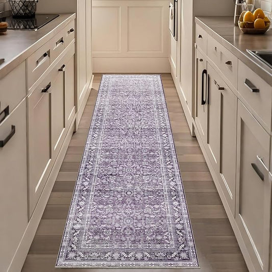OPPODREAM Thin Vintage Purple 2x8 Runner Rug, 2 x 8 Retro Washable Rug Non Slip, Low-Pile Faux Wool Carpet, Distressed Floor Mat for Kitchen, Hallway, Entry-Way, Entrance, Indoor Back Door